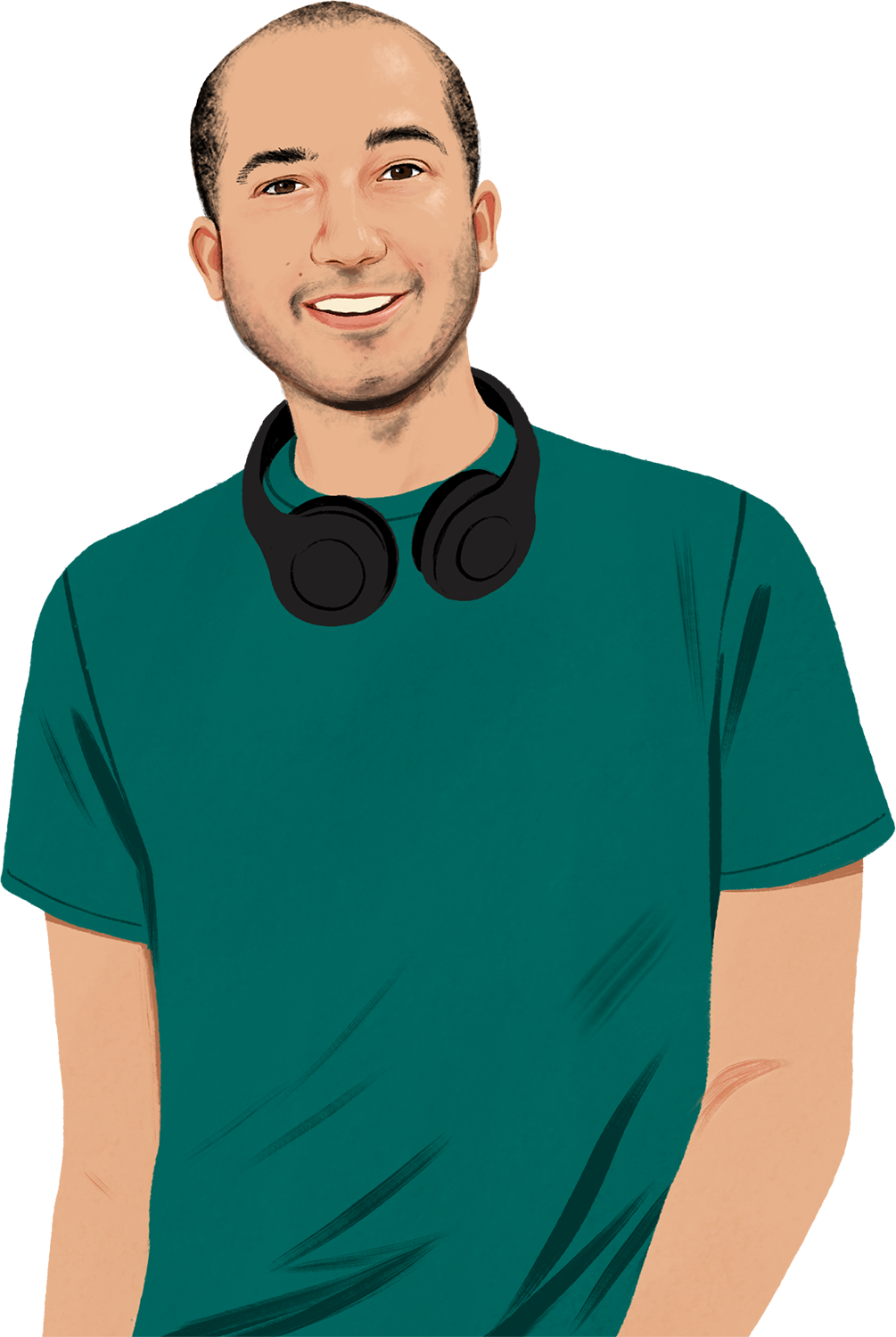 Portr?ttegning af Chris, der smiler. Han har hovedtelefoner h?ngende om halsen og ser p? l?seren. En tegnet iPhone dukker op og udsender synlige lydb?lger.