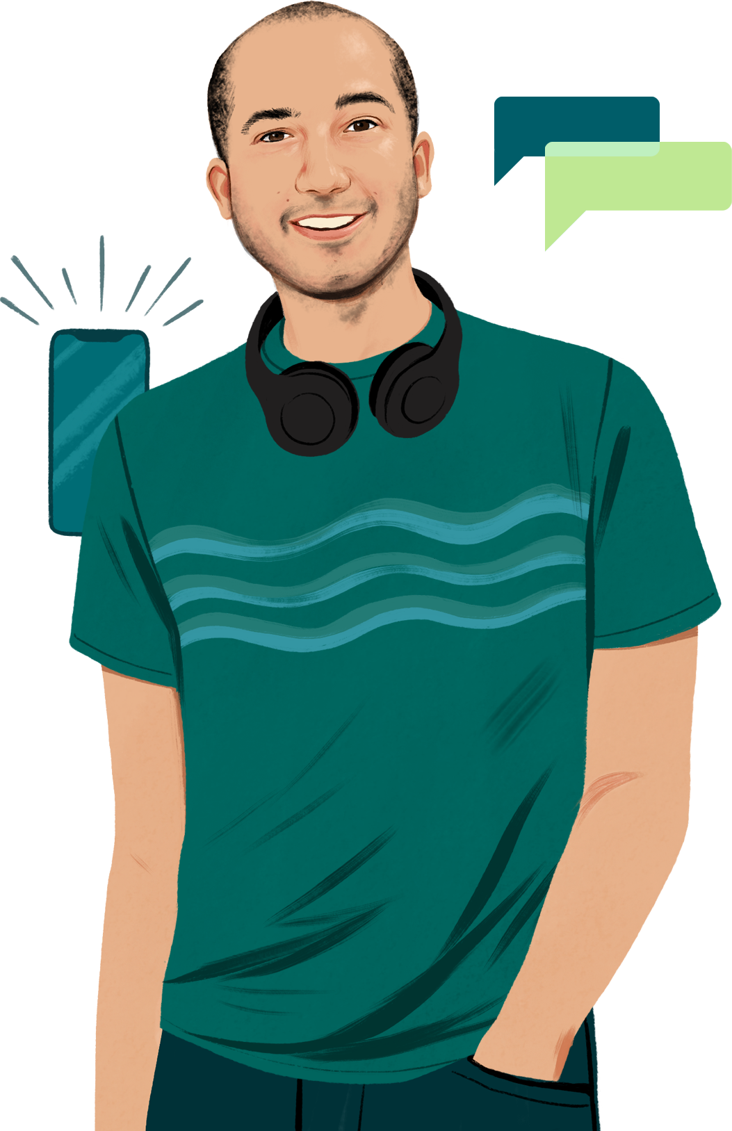 Portr?ttegning af Chris, der smiler. Han har hovedtelefoner h?ngende om halsen og ser p? l?seren. En tegnet iPhone dukker op og udsender synlige lydb?lger.