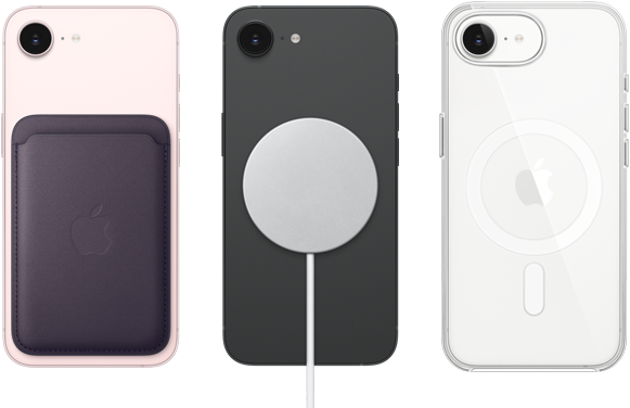 iPhone 17e, tagakülg, ?rnroosa, MagSafe FineWoven Wallet, iPhone 17e, tagakülg, must, MagSafe laadijaga ühendatud, iPhone 17e, tagakülg, valge, MagSafe l?bipaistev ümbris