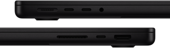MacBook Pro liidesed – vasak pool: MagSafe 3 port, kaks Thunderbolt porti ja k?rvaklapipesa – parem pool: SDXC-kaardi pesa, üks Thunderbolt port ja HDMI-port