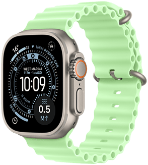 Apple Watch Ultra 3, φυσικ? χρ?μα, κ?σα απ? τιτ?νιο, πρ?σοψη ρολογιο? Orienteering, complications: Δε?κτη? UV, Δραστηρι?τητα, Δορυφ?ρο?, Πυξ?δα, εξωτερικ? δεξι? πλα?ν? ?ψη, Digital Crown, μικρ?φωνο, πλευρικ? κουμπ?, λουρ?κι Ocean Band, ν?ον πρ?σινο χρ?μα