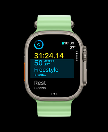 Apple Watch Ultra 3, φυσικ? χρ?μα, κ?σα απ? τιτ?νιο, app Προπ?νηση, κ?ρτα προσαρμοσμ?νη? προπ?νηση?, προβολ? Επ?μενο, πρ?σινο ν?ον λουρ?κι Ocean Band