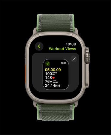 Apple Watch Ultra 3, κ?σα απ? τιτ?νιο, φυσικ? χρ?μα, οθ?νη επεξεργασ?α? προβολ?ν προπ?νηση?, λουρ?κι Trail Loop, πρ?σινο/ν?ον χρ?μα