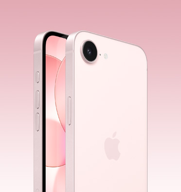 Μπροστιν? και π?σω ?ψη του iPhone 17e σε απαλ? ροζ χρ?μα, μερικ? μπροστιν? οθ?νη, πλ?ρη? π?σω ?ψη με το λογ?τυπο τη? Apple και μον? κ?μερα, το πλ?ι δε?χνει τα κουμπι? Δρ?ση?, ?νταση? ?χου και τα πλευρικ? κουμπι?.