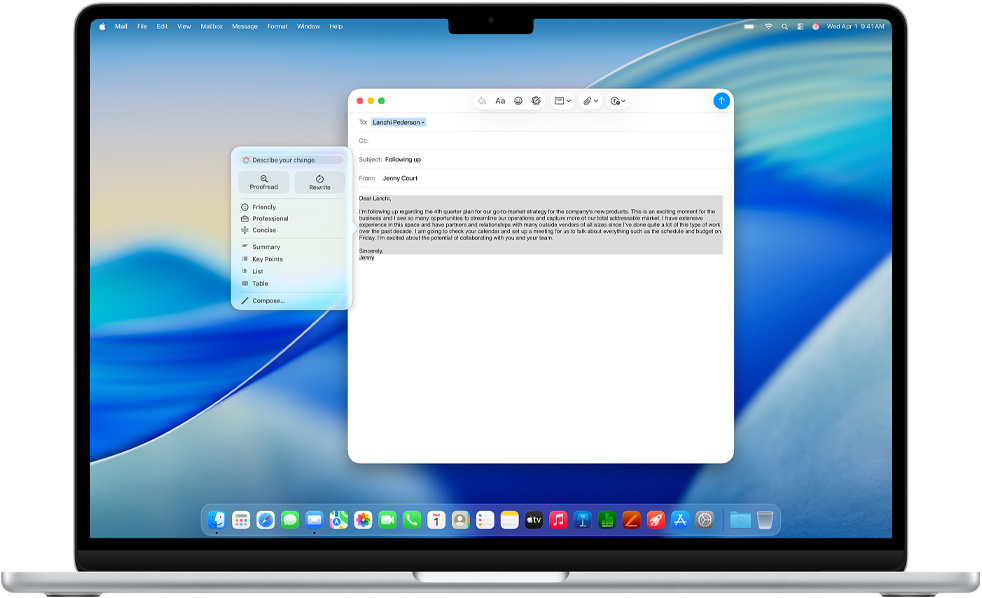 Egy MacBook Air képerny?jén az Apple Intelligence íráseszk?z?k funkciójával írnak egy e-mailt