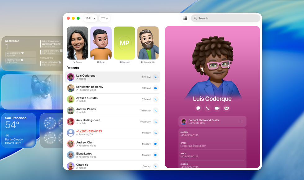 Zárolási képerny?, amelyen a FaceTime app van megnyitva a legutóbbi hívások listájával egy Genmojit és a kontakt nevét tartalmazó kontaktkártya mellett