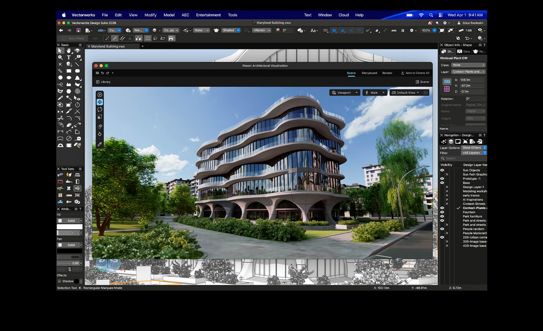 Egy MacBook?Pro kijelz?jén a Vectorworks Design Suite látszik a Maxon Redshifttel