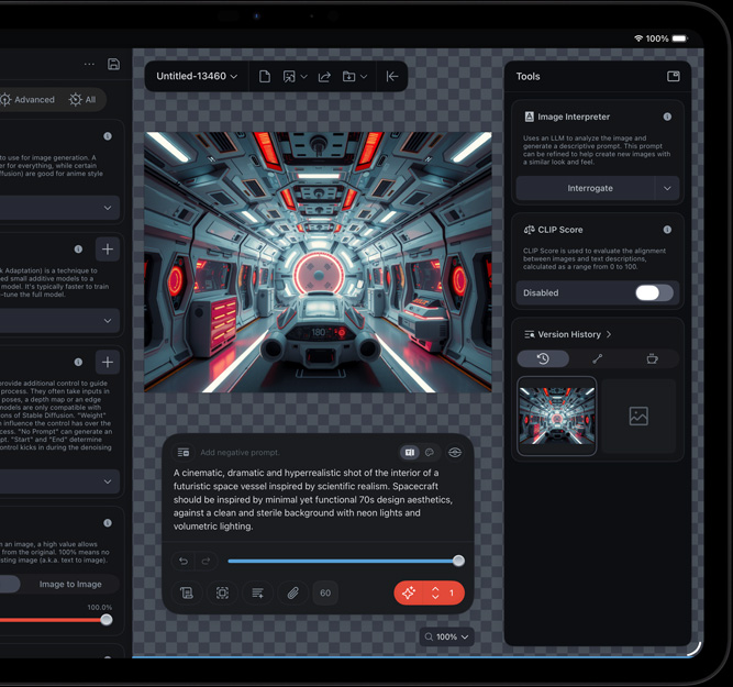 iPad Proの前面の外観、ディスプレイには未來的な宇宙船のクリップが表示されている。様々な編集ツールと、畫面上に開かれたImage InterpreterやCLIP ScoreなどのAI機(jī)能によって編集されている