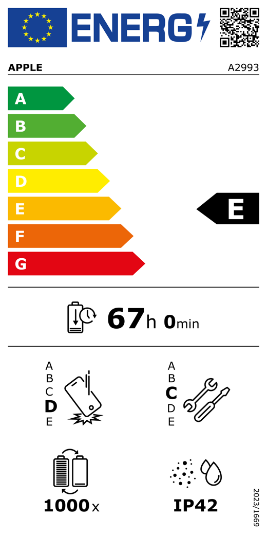 ES energijos vartojimo klas?s QR kodas ir informacija, ?Apple“ modelis A2993, E klas?, energijos vartojimo klas?s (skal? nuo A iki G), nuo A (did?iausias efektyvumas) iki G (ma?iausias efektyvumas), baterijos veikimo trukm? vienu ciklu, 67 val. ir 0 min. esant visi?kai ?krautai baterijai, pakartotinio laisvo kritimo patikimumo klas? D, nuo A (did?iausias patvarumas) iki E (ma?iausias patvarumas), pritaikymo remontuoti klas? C, nuo A (labiausiai pritaikytas remontuoti) iki E (ma?iausiai pritaikytas remontuoti), 1 000 baterijos veikimo cikl?, apsaugos nuo dulki? ir vandens (IP) klas? IP42, reglamentas 2023/1669