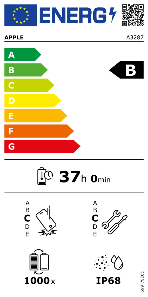 ES energijos vartojimo klas?s QR kodas ir informacija, ?Apple“ modelis A3287, B klas?, energijos vartojimo klas?s (skal? nuo A iki G), nuo A (did?iausias efektyvumas) iki G (ma?iausias efektyvumas), baterijos veikimo trukm? vienu ciklu, 37 val. ir 0 min. esant visi?kai ?krautai baterijai, pakartotinio laisvo kritimo patikimumo klas? C, nuo A (did?iausias patvarumas) iki E (ma?iausias patvarumas), pritaikymo remontuoti klas? C, nuo A (labiausiai pritaikytas remontuoti) iki E (ma?iausiai pritaikytas remontuoti), 1 000 baterijos veikimo cikl?, apsaugos nuo dulki? ir vandens (IP) klas? IP68, reglamentas 2023/1669