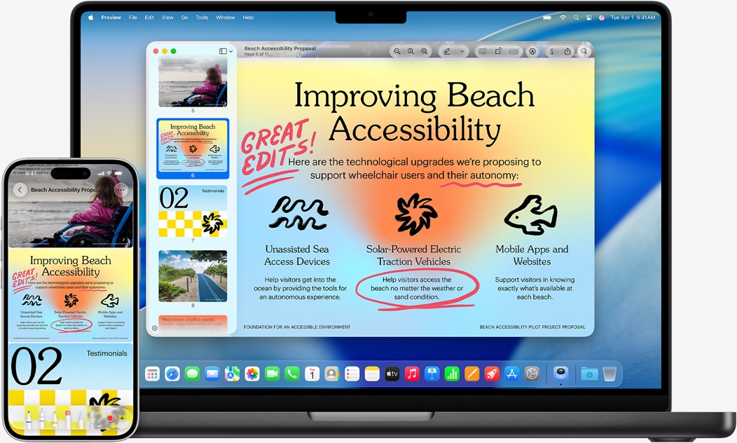 ?iPhone“ ir ?MacBook“ ?alia vienas kito demonstruojant ?MacBook“ ekrane rodom? veidrodin? efekt?. Kalendoriaus ir pastab? valdikliai ekrano vir?uje, programos apa?ioje.
