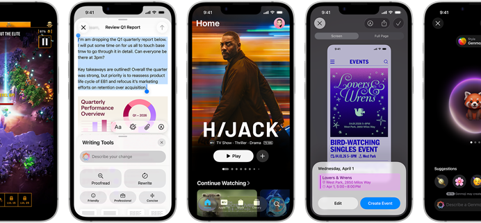 Blakus vairāki iPhone 17e, kuru ekrānos redzams at??irīgs saturs: Writing Tools, Apple TV aplikācija, veido notikumu kalendārā, tiek veidots Genmoji