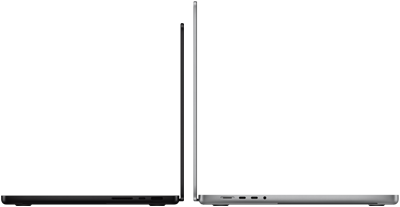 14 un 16 collu MacBook Pro līdzās, parādot izmēru at??irību un uzsverot to, cik plānas ir ierīces