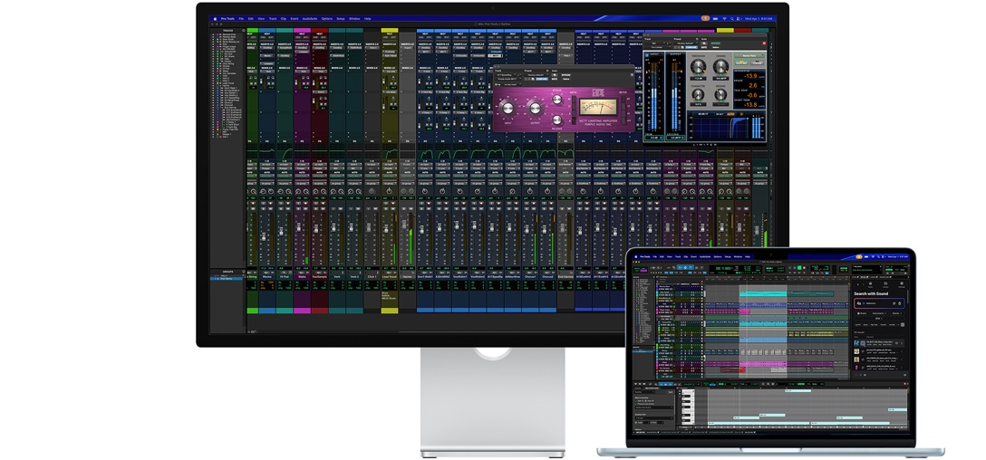 Studio&nbsp;Display un Mac portatīvajā datorā ir redzama Pro&nbsp;Tools sesija ar Splice integrāciju, nanotekstūras stikls palīdz samazināt atspīdumu no tum?ā programmas ekrāna