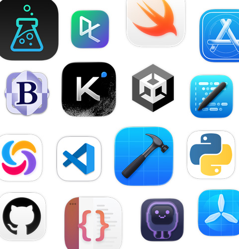 一系列編碼 app 圖像，包括 Unity Editor、DataCamp、Swift Playground 和 Apple Developer。