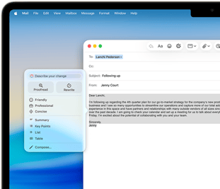 Ecranul unui MacBook Air ce arat? Instrumente de scris Apple Intelligence cu care se compune un e-mail