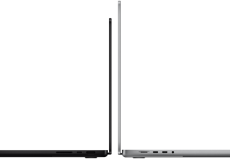 MacBook Pro de 14 inchi ?i 16 inchi, spate la spate, prezentand diferen?a de dimensiune ?i subliniind profilul ?ngust