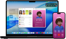 MacBook Pro a iPhone 16 Plus, otvorená apka Telefón, na oboch obrazovkách sa zobrazuje rovnaky kontakt