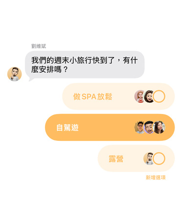 訊息 app 中全新投票功能的特寫，群組聊天中的成員正在投票決定週末的旅行地點(diǎn)