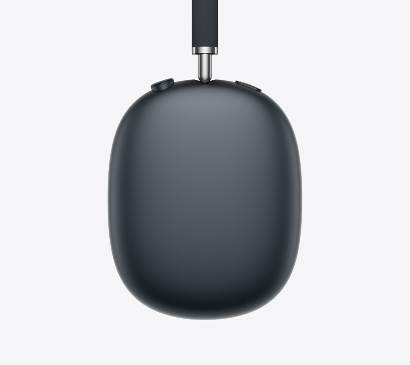 Ακουστικ? AirPods Max 2, πλα?ν? εξωτερικ? ?ψη, χρ?μα Μα?ρο του Μεσονυκτ?ου, λεπτομ?ρεια του τηλεσκοπικο? βραχ?ονα, μαξιλαρ?κι αυτιο?, Digital Crown και κουμπ? ελ?γχου θορ?βου