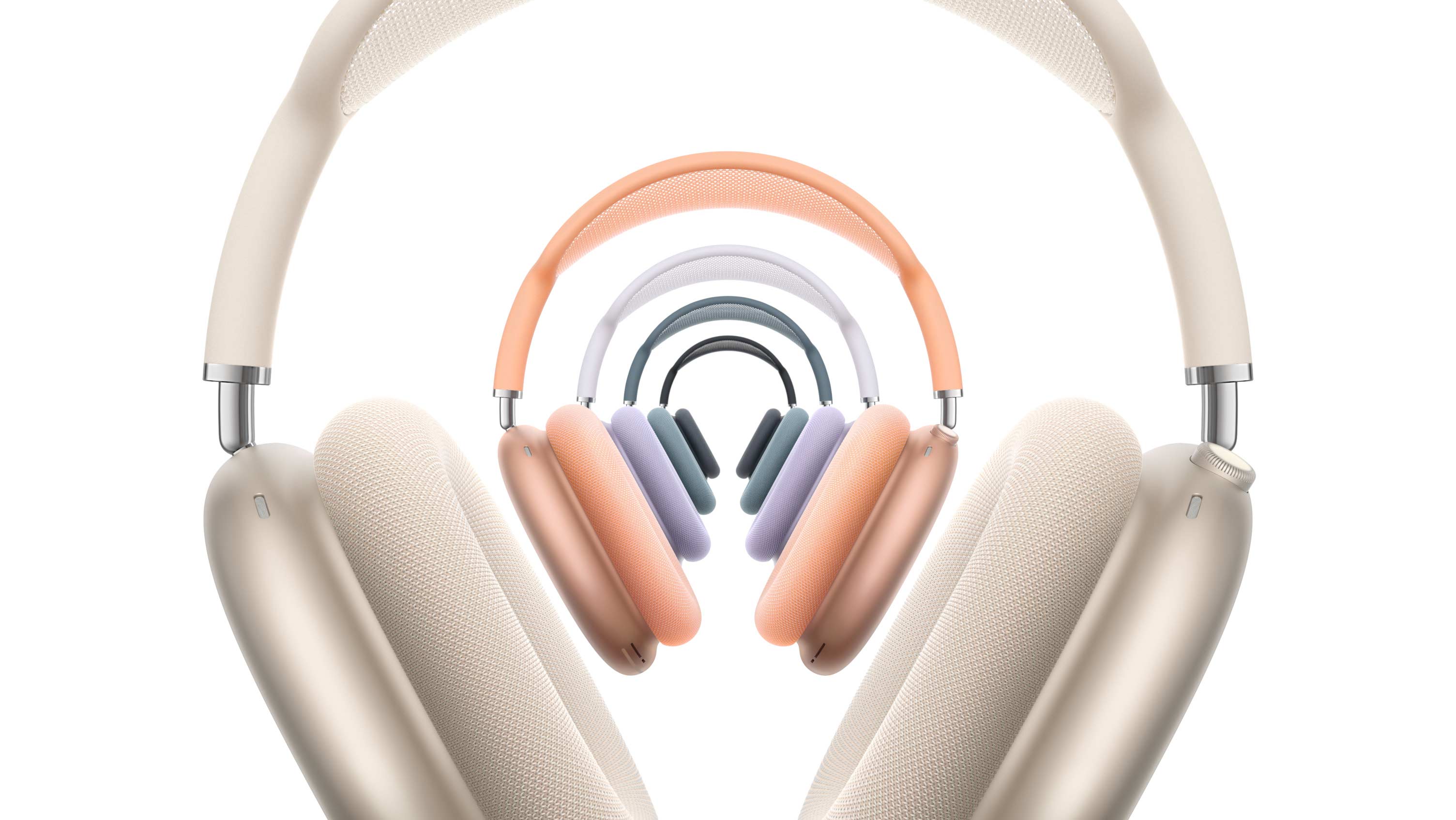 Π?ντε ζευγ?ρια ακουστικ?ν AirPods Max 2, μπροστιν? εξωτερικ? ?ψη, στοιβαγμ?να, σε χρ?ματα λευκ? τη? αστροφεγγι??, πορτοκαλ?, μωβ, μπλε και μα?ρο του μεσονυκτ?ου