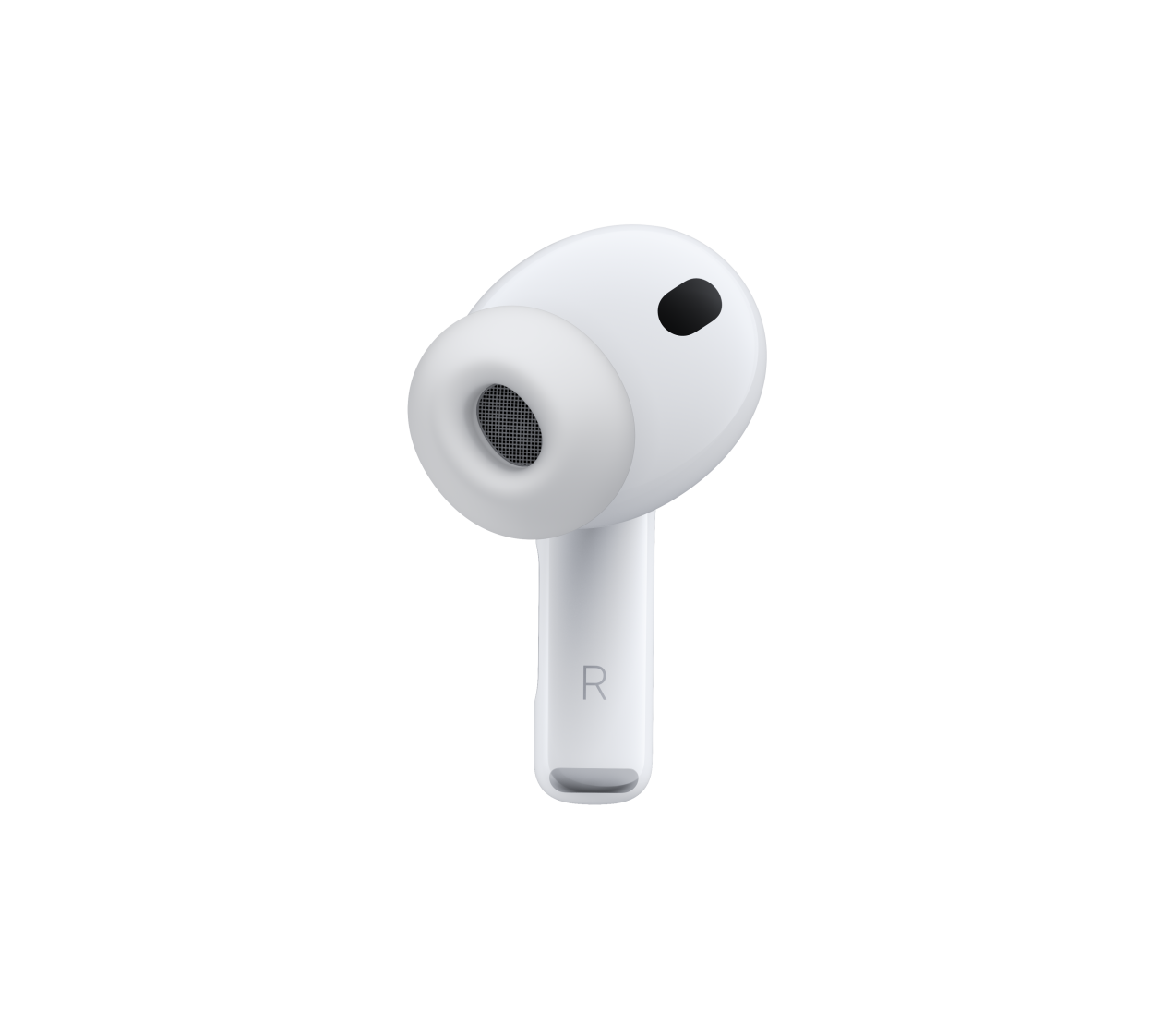 畫面展示白色 AirPods Pro 3，看見消噪咪高風、矽膠耳塞、短耳筒柄上有字母 R