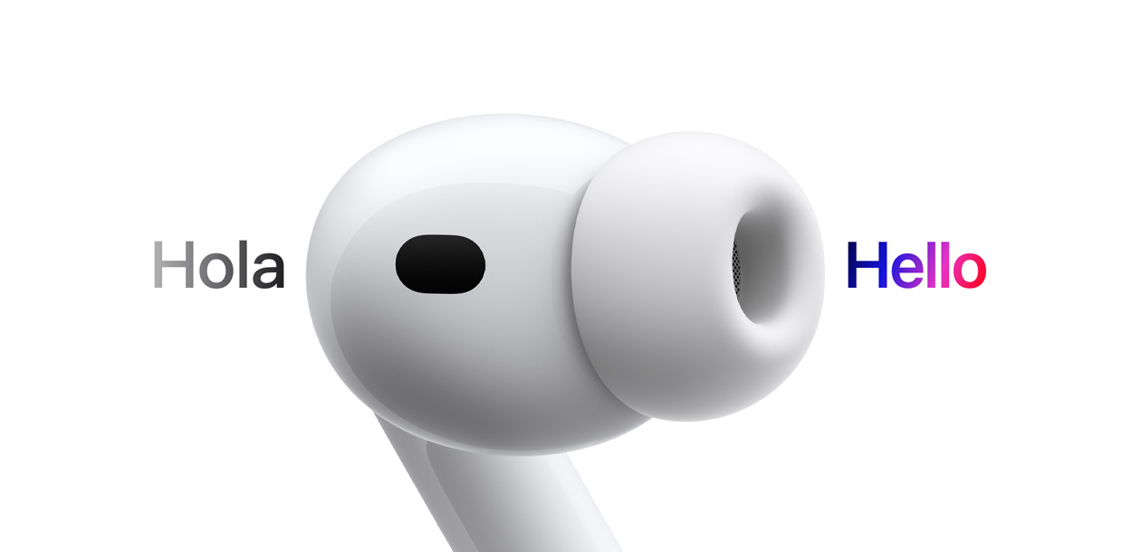 AirPods Pro 3，配備矽膠耳塞的耳筒，即時翻譯功能將西班牙文的「hola」翻譯成英文的「hello」