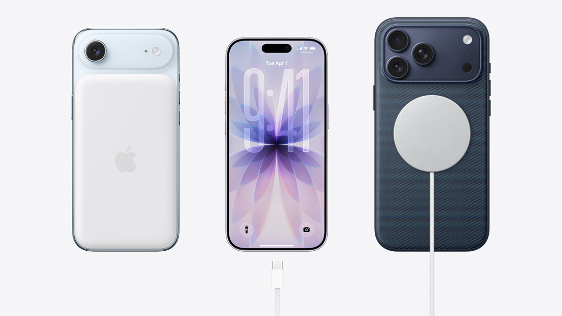Δ?πλα-δ?πλα. Π?σω ?ψη iPhone?Air με συνδεδεμ?νη μπαταρ?α MagSafe, μπροστιν? ?ψη iPhone?17 με οθ?νη πλ?ρου? μεγ?θου?, καλ?διο φ?ρτιση? USB‑C κοντ? στη θ?ρα φ?ρτιση?, π?σω ?ψη iPhone?17?Pro με συνδεδεμ?νο καλ?διο φ?ρτιση? MagSafe