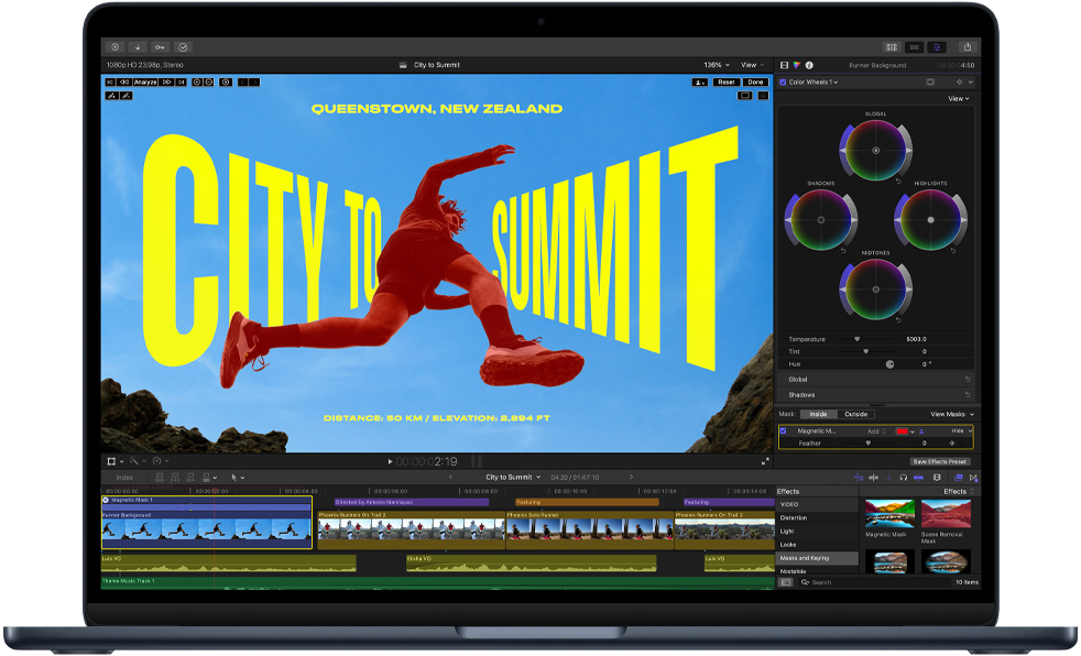 Egy MacBook Air kijelz?jén videószerkesztési m?veletek szemléltetik az M5 chip képességeit
