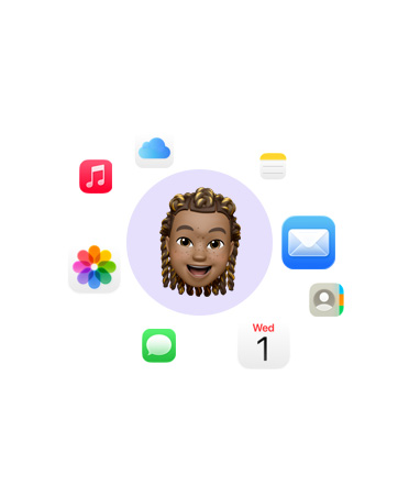 Mosolygó arcot ábrázoló emoji, k?rül?tte kül?nféle appok ikonjai: Zene, iCloud Drive, Jegyzetek, Mail, Kontaktok, Naptár, üzenetek és Fotók