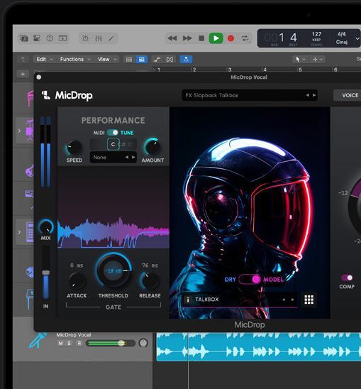 Hangfelvétel-szerkesztés a MicDrop b?vítmény AI-funkcióival a Logic Próban, egy MacBook?Pro kijelz?jén