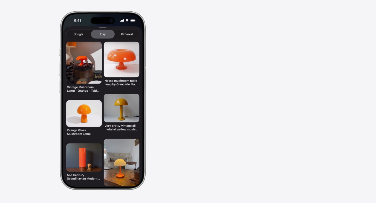 iPhoneにEtsyからの様々なキノコ型のランプの畫像が表示されている。両隣にはGoogleとPinterestのタブもある